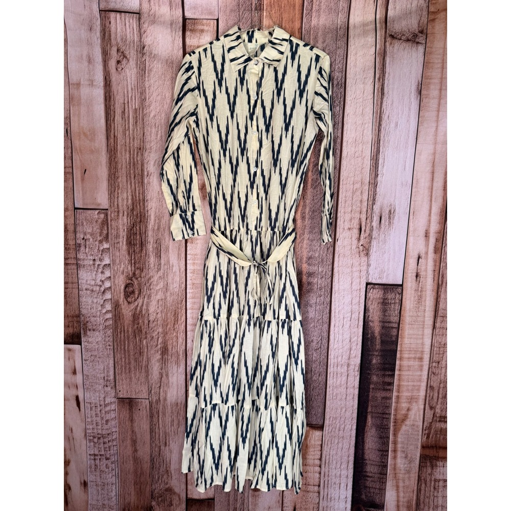 Guadalupe Meredith Ikat Shirt Maxi Dress Navy Cream Cotton Coastal Artisan Small